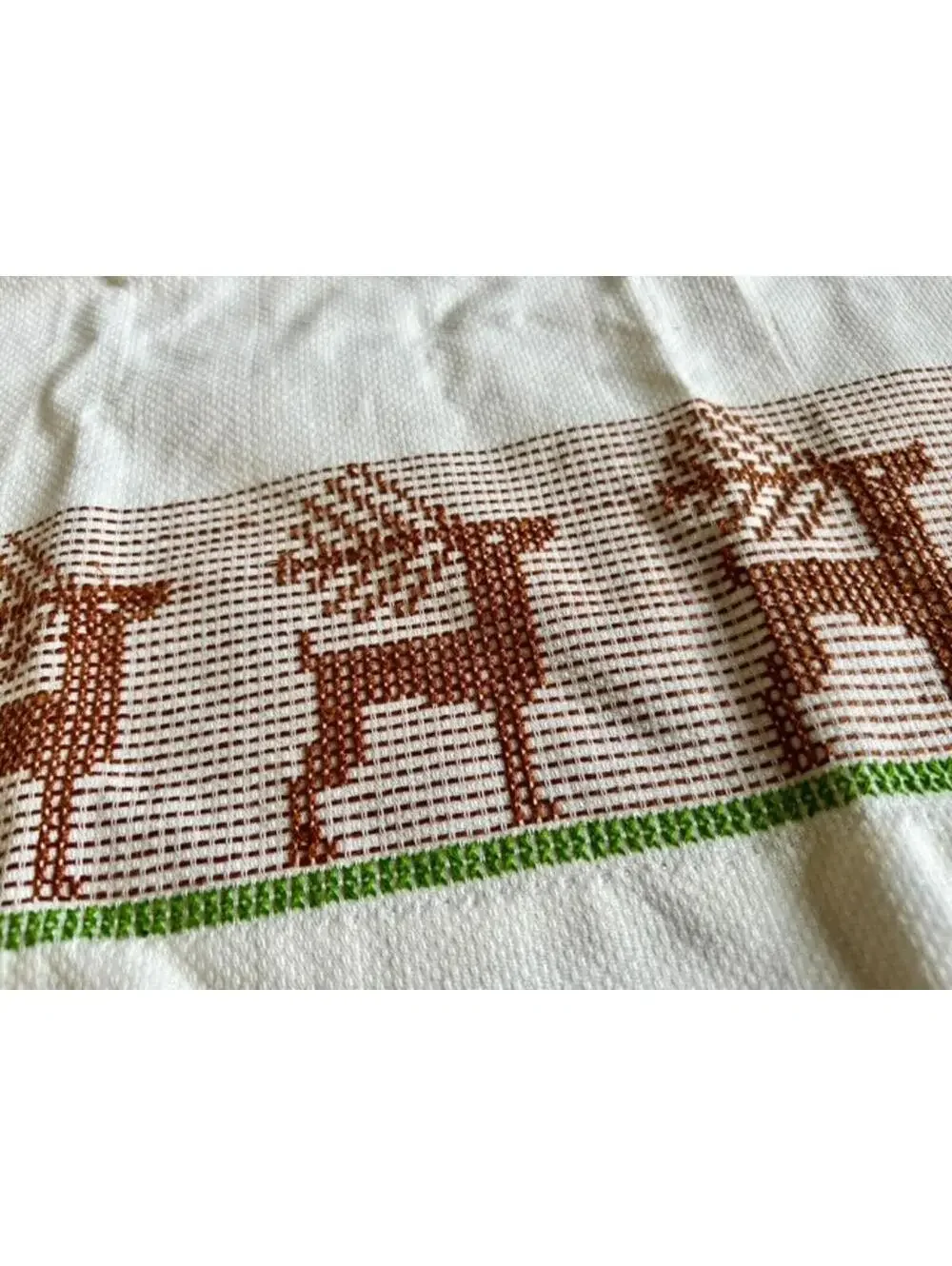 White Kitchen Towel with Brown Reindeer Cross Stitch Design